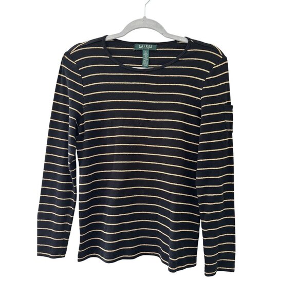 Lauren Ralph Lauren Black Metallic Gold Striped Long Sleeve Shirt PL  Women - Picture 9 of 9